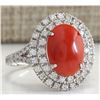 Image 2 : 3.15 CTW Natural Red Coral And Diamond Ring In 18K White Gold
