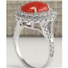 Image 3 : 3.15 CTW Natural Red Coral And Diamond Ring In 18K White Gold
