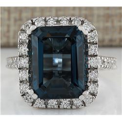 10.91CTW Natural London Blue Topaz And Diamond Ring In18K Solid White Gold