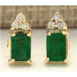 1.60 CTW Natural Emerald And Diamond Earrings 18K Solid Yellow Gold