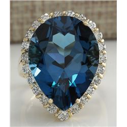 18.48 CTW Natural London Blue Topaz And Diamond Ring In14K Solid Yello Gold
