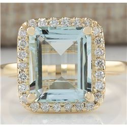 4.30 CTW Natural Blue Aquamarine And Diamond Ring In 14K Yellow Gold