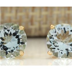 3.00 CTW Natural Blue Aquamarine Earrings 18K Solid Yellow Gold