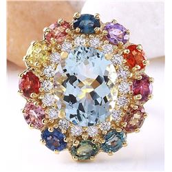 9.36 CTW Natural Aquamarine, Sapphire 14K Solid Yellow Gold Diamond Ring