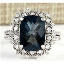 7.42 CTW Natural London Blue Topaz And Diamond Ring In18K Solid White Gold