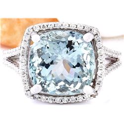 6.75 CTW Natural Aquamarine 18K Solid White Gold Diamond Ring