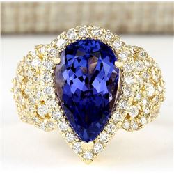 6.75 CTW Natural Blue Tanzanite And Diamond Ring 18K Solid Yellow Gold