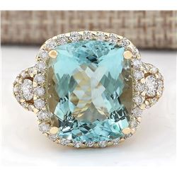 15.11 CTW Natural Blue Aquamarine And Diamond Ring In 18K Yellow Gold