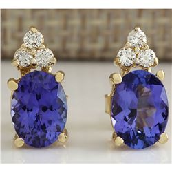 2.79 CTW Natural Blue Tanzanite And Diamond Earrings 18K Solid Yellow Gold