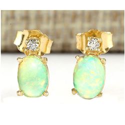 1.60 CTW Natural Opal And Diamond Earrings 18K Solid Yellow Gold