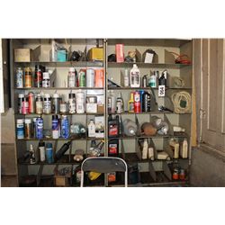 CONTENTS ON 2 METAL SHELF UNITS (OILS, SPRAYS, FILTERS, ETC)