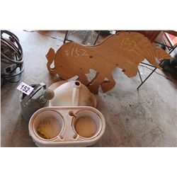 SINK, DOG FEEDER, WATER CAN & 2 WOOD DONKEY ORNAMENTS