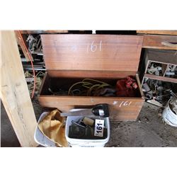 WOOD BOX WITH MISC & WHITE PAIL WITH MISC