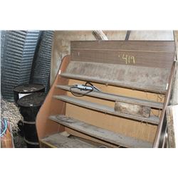WOOD SHELF, 2 BARRELS, MISC PIPE
