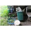 Image 1 : GREEN TUB, BLUE EXTENSION CORD, T-BARS, WOOD POSTS, CONTAINER OF FENCE STAPLES