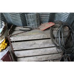 WOOD CRATE, WIRE, OLD BARRELS, BRACKETS, STOVE CHIMNEY