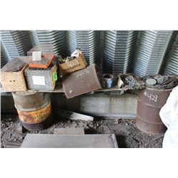 2 BARRELS, CAGES, MISC BOLTS, WIRE