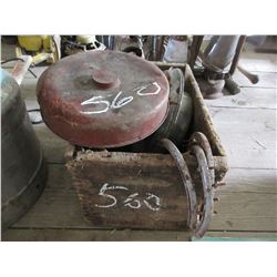 WOOD CRATE WITH HORSE SHOES, HUB CAPS, ETC