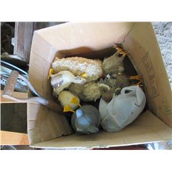 BOX WITH TOYS, LAWN ORNAMENTS, ETC