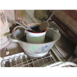 BREAD PAN, ENAMEL PAIL, ETC