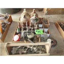 COLLECTOR BOTTLES, JUGS, CARPENTERS BOX, BLOW TORCH, ETC