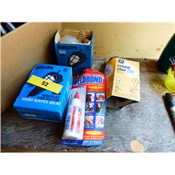 BOX OF OFFICE SUPPLIES INCLUDING GLUE, ZIP DRIVE, LIGHT BULBS, ETC