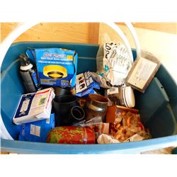 BLUE TOTE C/W ELECTRICAL OUTLETS, COPPER FITTINGS, PLUMBING SUPPLIES, ETC