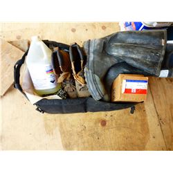 TRUNK ORG C/W JUG OF SS CLEANER, SZ 10 STEEL TOE RUBBER BOOTS, SZ 11 STEEL TOE ROPER BOOTS, ETC