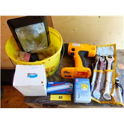 PAIL WITH WRENCHES, CORDLESS DRIVER DRILL, GLUE STICKS, MINI AUTO LAMPS, GOLF BALLS, ETC