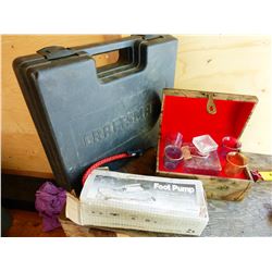 BOX WITH WALL SHELF, TOOL CASE, FOOT PUMP, DECANTER SET (1 GLASS MISSING), ETC