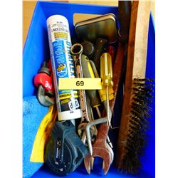BLUE BIN WITH WIRE BRUSH, SCREW DRIVER, WRENCH, PIPE WRENCH, ETC