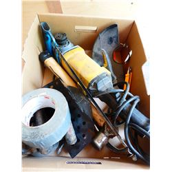 BOX WITH ANGLE GRINDER, CLEVIS, HAMMER, SAWS, ETC