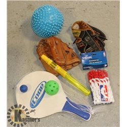 BOX OF SPORTING GOODS INCL. BASEBALL GLOVES,