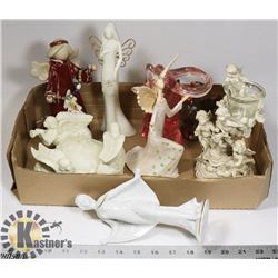 BOX OF ESTATE ANGEL FIGURINES AND CANDLE HOLDERS