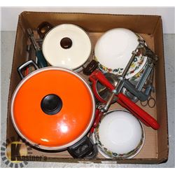 BOX OF 70'S POTS AND BOWLS, POTATO RICER , APPLE