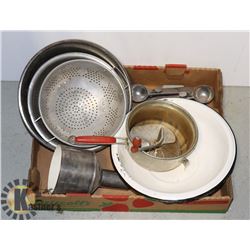 FLAT WITH ENAMEL BOWLS, FOLEY SIFTER, 2 ICE CREAM