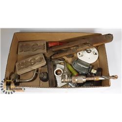 TRAY OF ANTIQUE TOOLS AND MORE INCLUDING A WOODEN