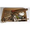 Image 1 : TRAY OF ANTIQUE TOOLS AND MORE INCLUDING A WOODEN