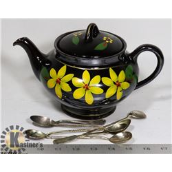 CANADIAN ART POTTERY TEA POT WITH SILVER SUGAR SPOON