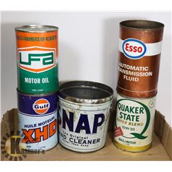5 ASSORTED OIL CANS (3 FULL)