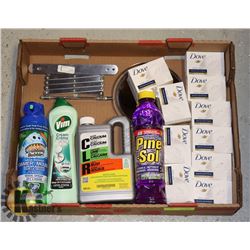 FLAT OF DOVE BAR SOAP, CLEANING PRODUCTS, AND MORE