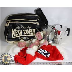 BOX OF NEW XMAS ORNAMENTS, ESPRESSO POTS, RLR BLD