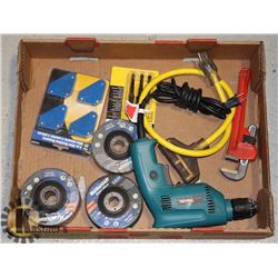 FLAT OF ASSORTED TOOLS INCLUDING MAKITA DRILL