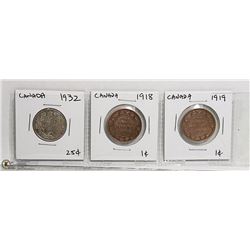1932 SILVER 25 CENTS, 1918 AND 1919 ONE CENTS.