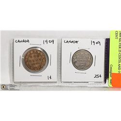 1909 SILVER 25 CENTS AND 1909 ONE CENT