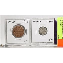 1910 SILVER FIVE CENTS AND 1910 ONE CENT.