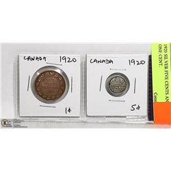 1920 SILVER FIVE CENTS AND 1920 ONE CENT.