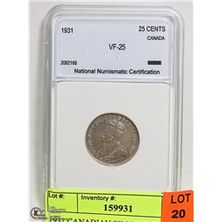 1931 CANADIAN SILVER 25 CENTS GRADED VF25