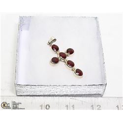 SILVER CROSS WITH RED STONES - 925 STAMPED