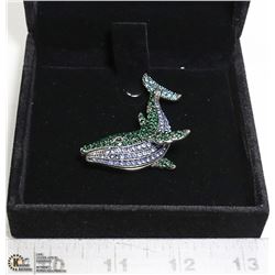 BLUE AND GREEN RHINESTONE WHALE BROOCH